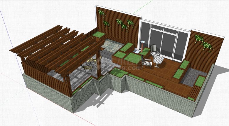 木板植物墙白色桌椅精致庭院su模型-图一
