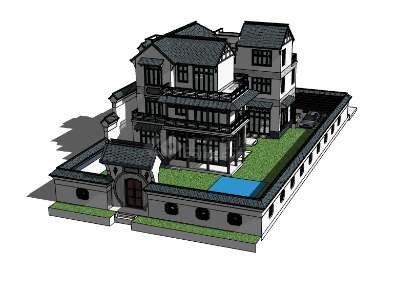 白色围墙宽敞院子的三层中式别墅su模型-图二