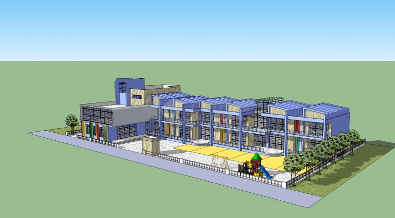 蓝色楼梯造型屋顶黄色地面幼儿园su模型-图一
