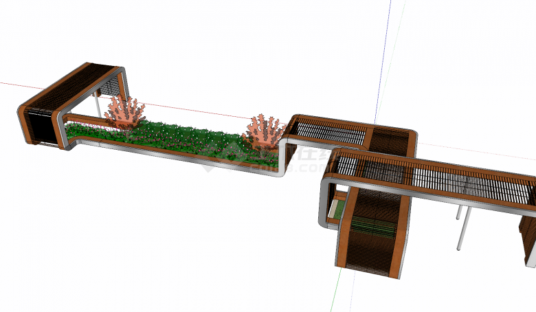 连廊棕色外观绿植组合su模型-图二