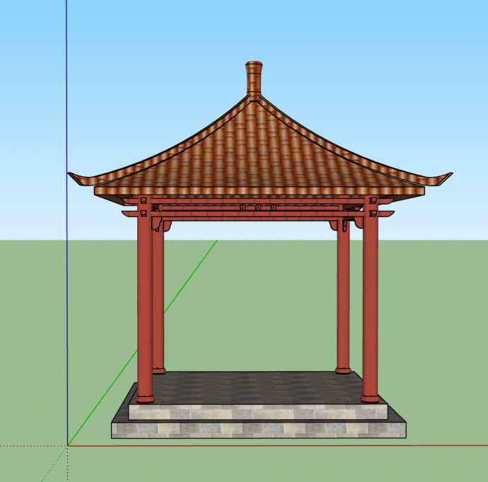 中式木质简单四角亭su模型_图1