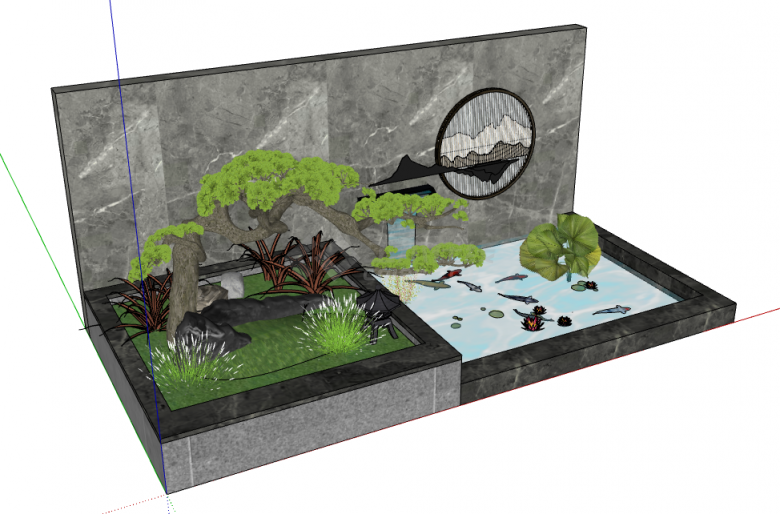 新中式跌水景墙 树池su模型-图二