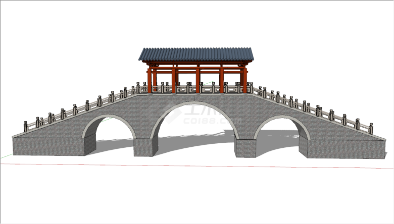 中央带亭子中式廊桥su模型-图二