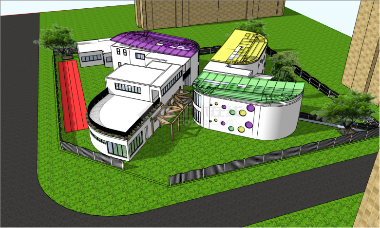 风车造型由黄色绿色紫色白色四个颜色房顶的教学楼组成的幼儿园su模型-图一