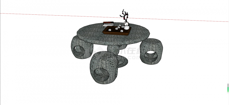 中式黑青色石桌石凳su模型-图二