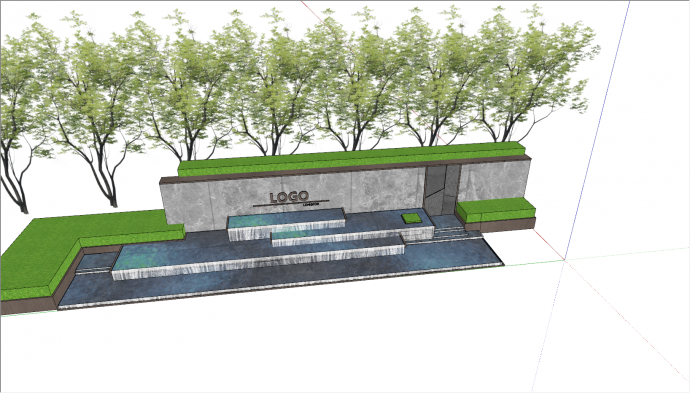 带有渐变色大理石台阶和绿色墙体的现代景墙su模型_图1