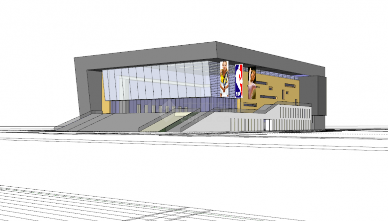 黄色紫色拼接带有透明天窗的中学体育馆建筑su模型-图一