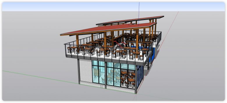 蓝色元素红色瓦顶餐厅集装箱SU模型-图二