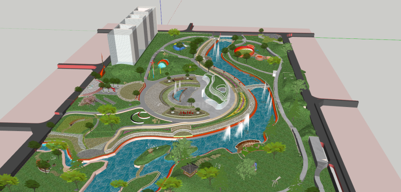 现代带喷泉的滨河公园su模型-图二