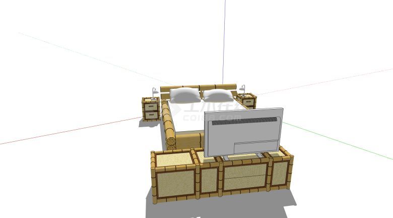竹制电视柜竹制床头柜和竹制床组合su模型-图二