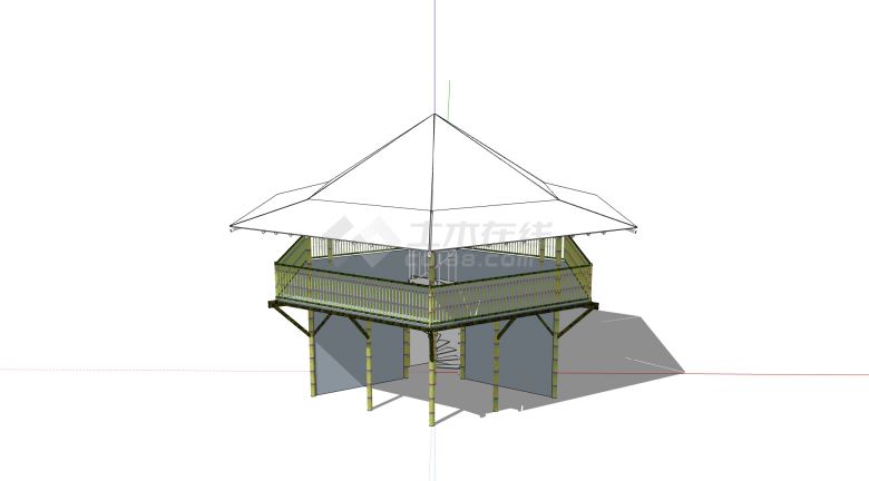 白色屋顶竹制六边形观景台su模型-图一