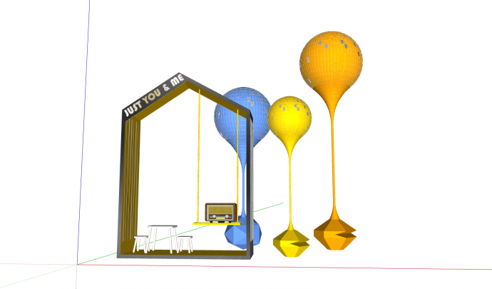 黄色蓝色漂浮气球和小屋灵动艺术su模型_图1