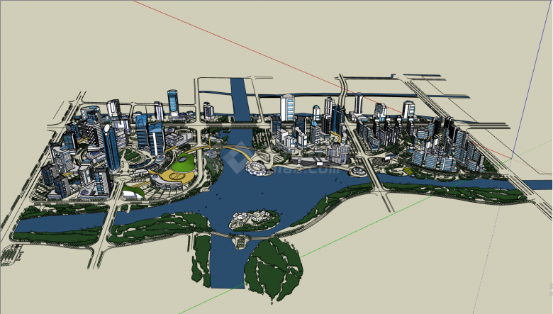 带河流现代城市规划设计su模型-图一