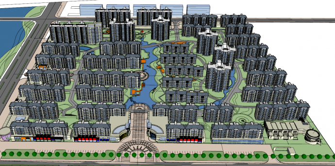 现代沿河的小区高层住宅su模型_图1