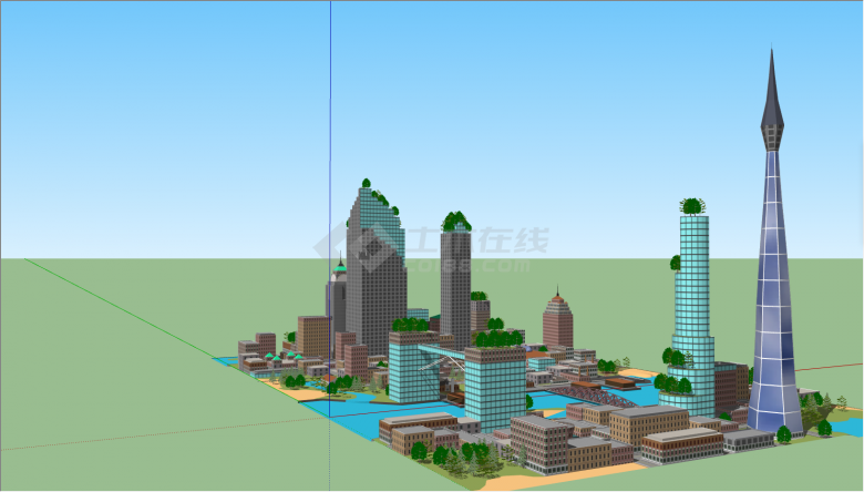 带有电视塔的建筑城市设计SU模型 -图一
