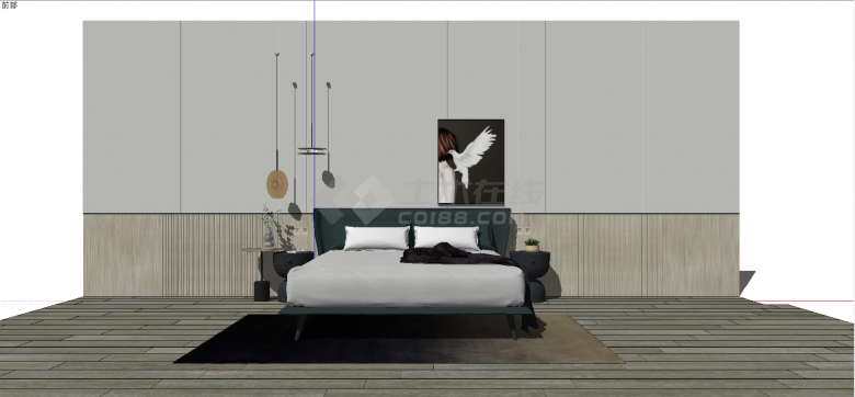 现代双人床及背景墙设计su模型-图二