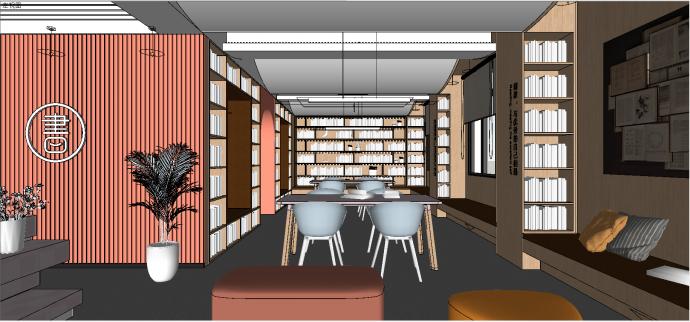 欧式风格书店阅览室一体化设计su模型_图1