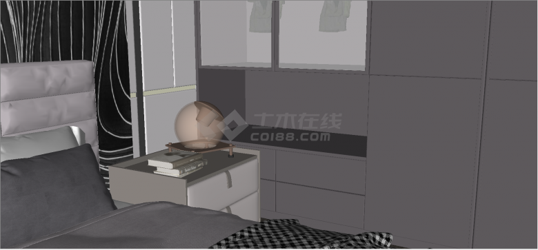 现代轻奢风格小型卧室一体化设计su模型-图一