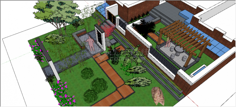 新中式绿植景观庭院su模型-图一