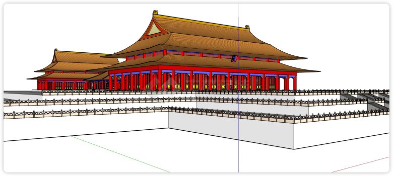 橙黄色屋顶红色窗门古建筑su模型-图一