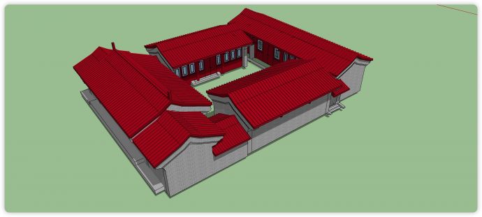 青砖主体红色屋顶四合院古建筑su模型_图1