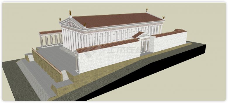 拱门造型橙色双坡顶古罗马建筑su模型-图二