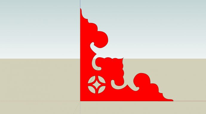红色铜钱云朵图案直角装饰面板su模型_图1