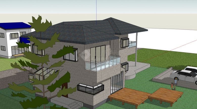 岩石砖外墙和木质休息平台双层别墅su模型-图二