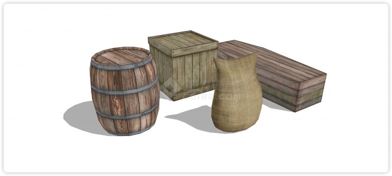 木条结构木桶箱子和粮食袋su模型-图一