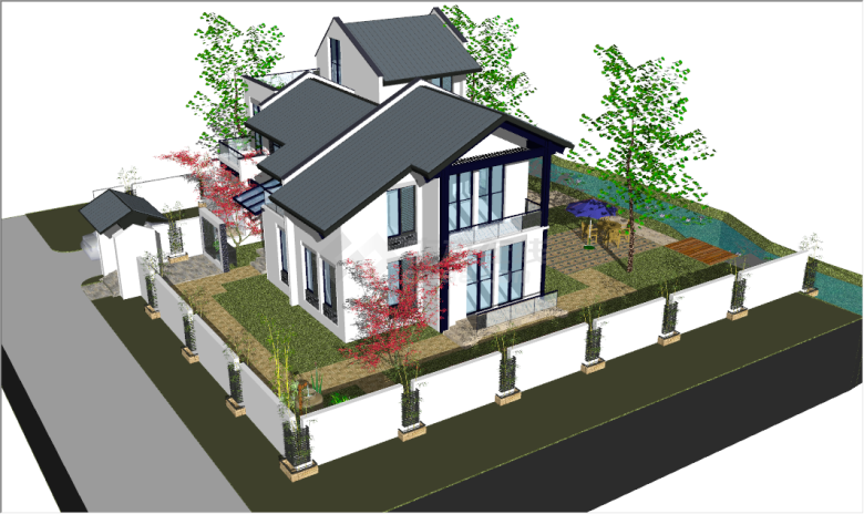 现代风格白墙独栋别墅庭院su模型-图二