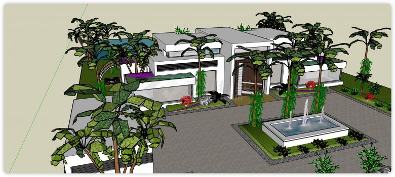 棕榈树前院喷泉白色主体别墅豪宅su模型-图二