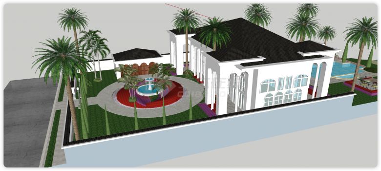 对称别墅建筑带圆形喷水su模型-图二