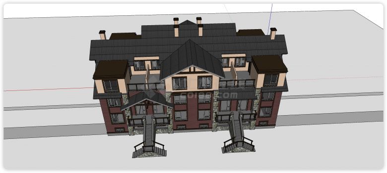 豆沙色主体美式叠拼双拼别墅su模型-图一