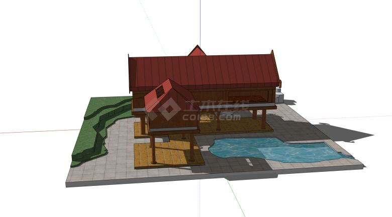 红色坡面屋顶长形木屋su模型-图一