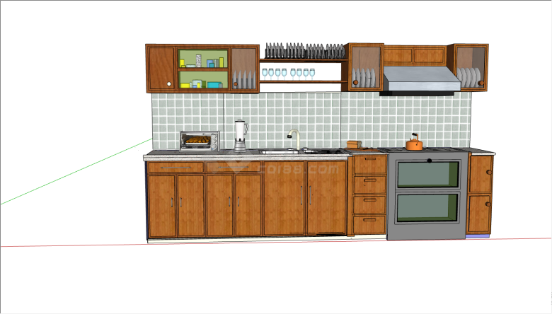 棕色的木制橱柜带有齐全的厨房用品su模型-图一