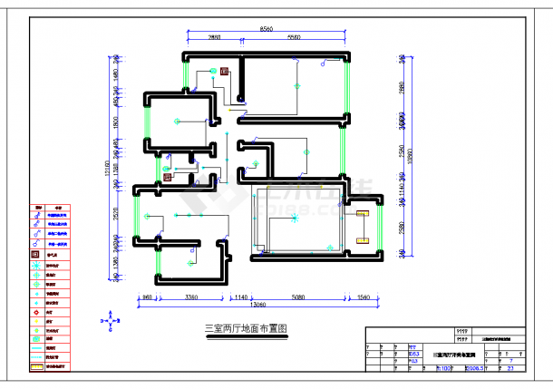 湖南现代三室两厅家居施工图CAD图纸-图一