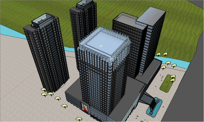 4幢高层大楼组合的带有LED广告牌的办公大楼su模型_图1