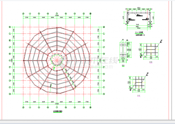 某地球冠造型屋顶结构方案图CAD图纸-图二