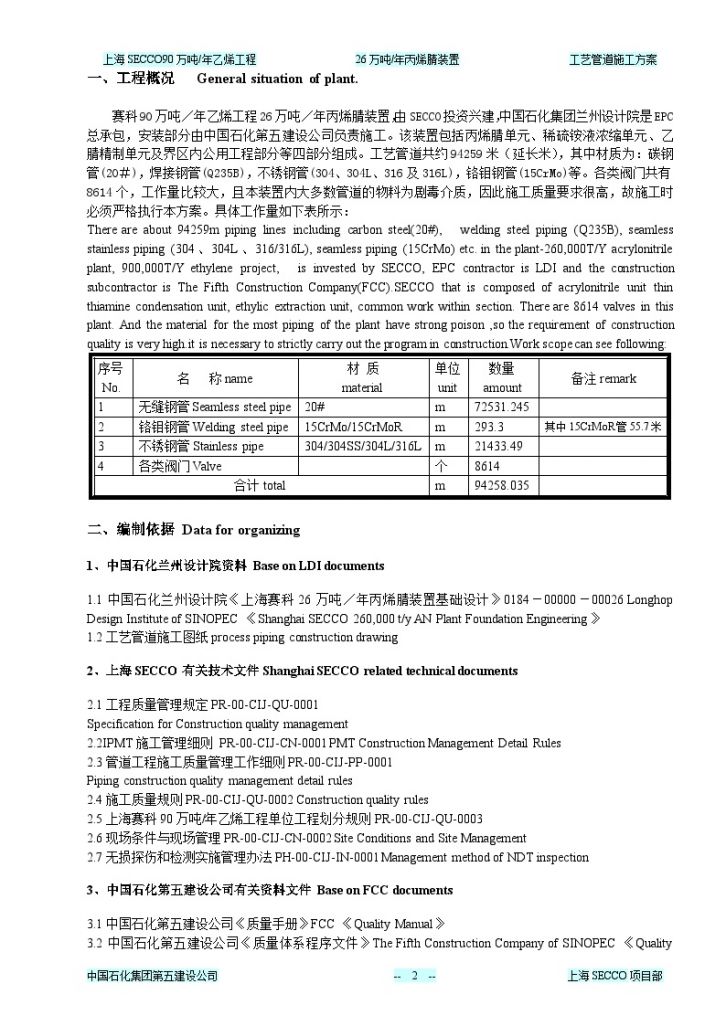 上海26万吨丙烯腈装置工艺管道施工方案-图二