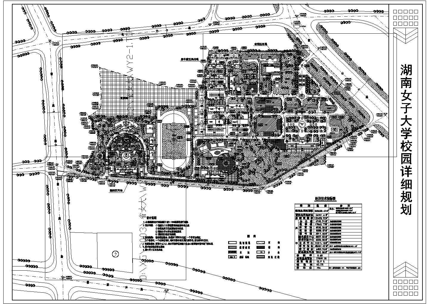 湖南女大校园规划设计cad总平面施工图（含设计说明及经济技术指标）