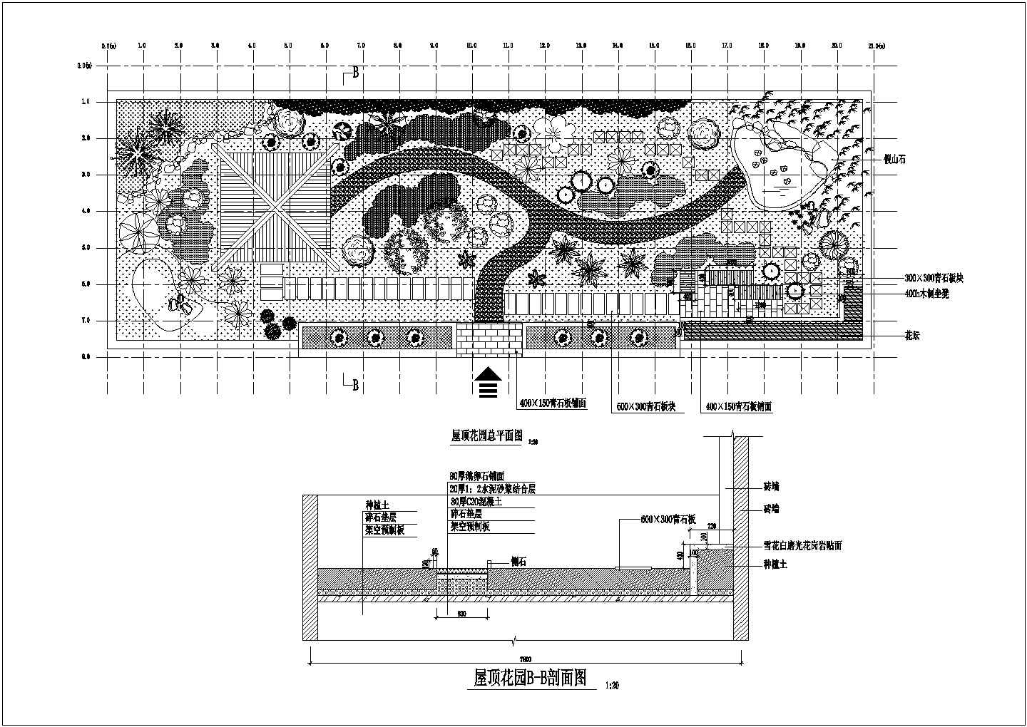 某屋顶花园绿化规划设计cad总平面方案图（标注详细）