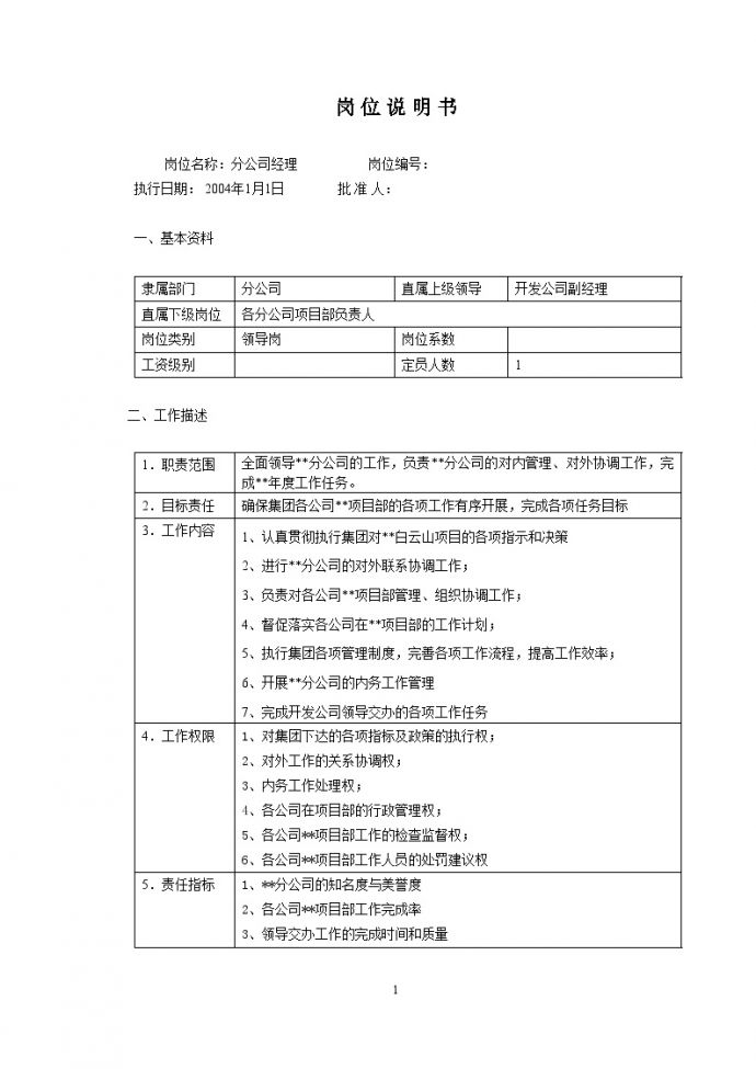 某房地产公司资料 分公司经理助理岗位说明书.doc_图1