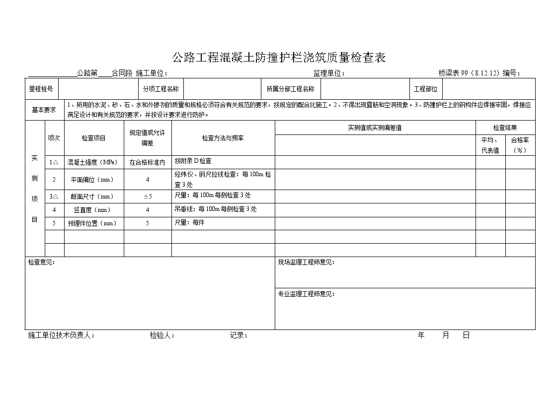 桥梁表100 公路工程混凝土防撞护栏浇筑质量检查表.doc-图一