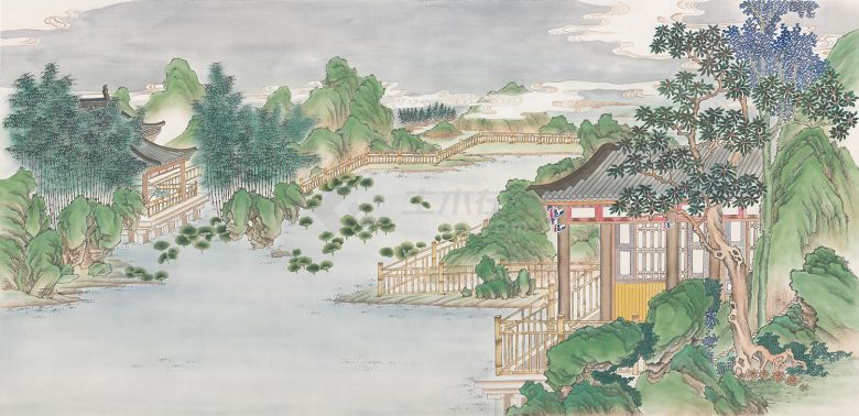 中式楼阁山水壁纸壁画 (40).jpg-图一