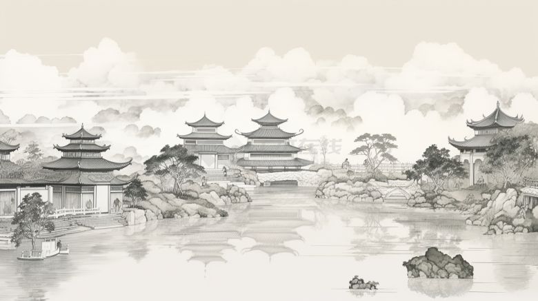 中式楼阁山水壁纸壁画 (4).jpeg-图一