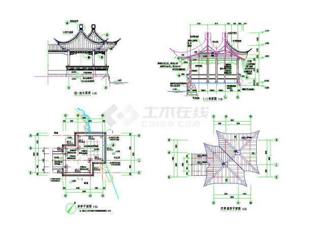中式 古典 双亭 中式瓦屋顶面饰面 平立剖 节点及结构详图 全套 施工图-图二