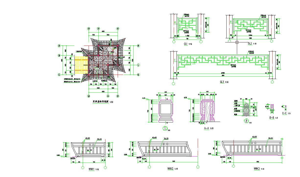 中式 古典 双亭 中式瓦屋顶面饰面 平立剖 节点及结构详图 全套 施工图