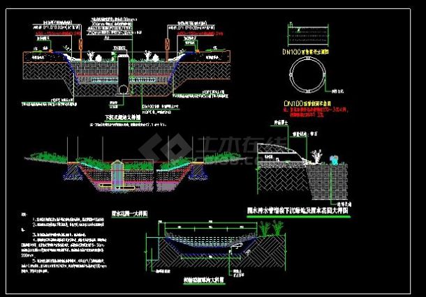 海绵城市大样图包括下沉式绿地雨水花园 雨水排水管道接下沉绿地及雨水花园 溢流雨水口 路缘石 透水混凝土路面 转输型植草沟 联通沟等。-图二