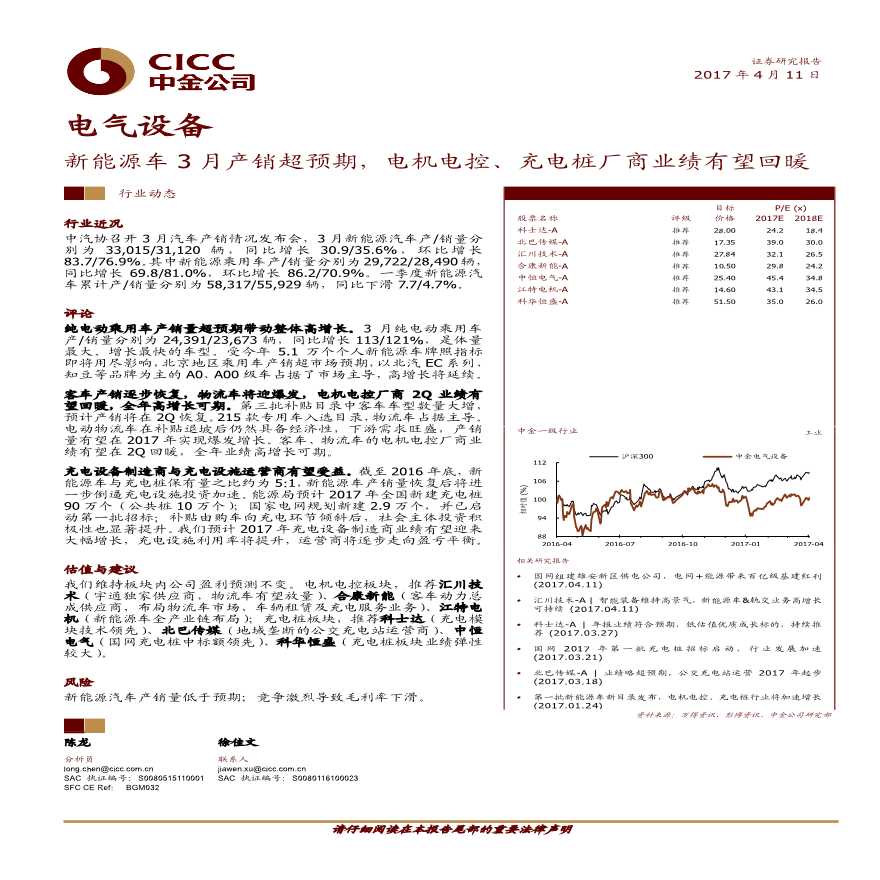 20170411-中金公司-电气设备行业：新能源车3月产销超预期，电机电控、充电桩厂商业绩有望回暖-图一