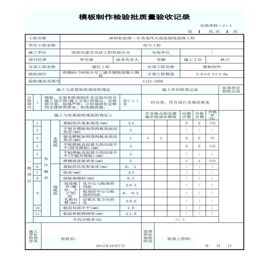 市政通信工程小号三通井-模板制作检验批质量验收记录 (4)-图一